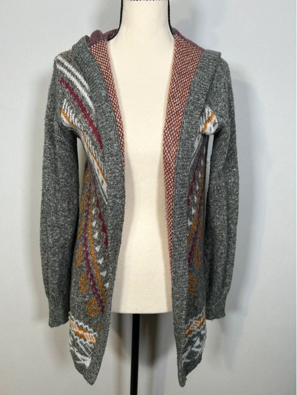 Hippie Rose Boho Aztec Hooded Knit Cardigan Sweater Size S Gray Burgundy Mustard